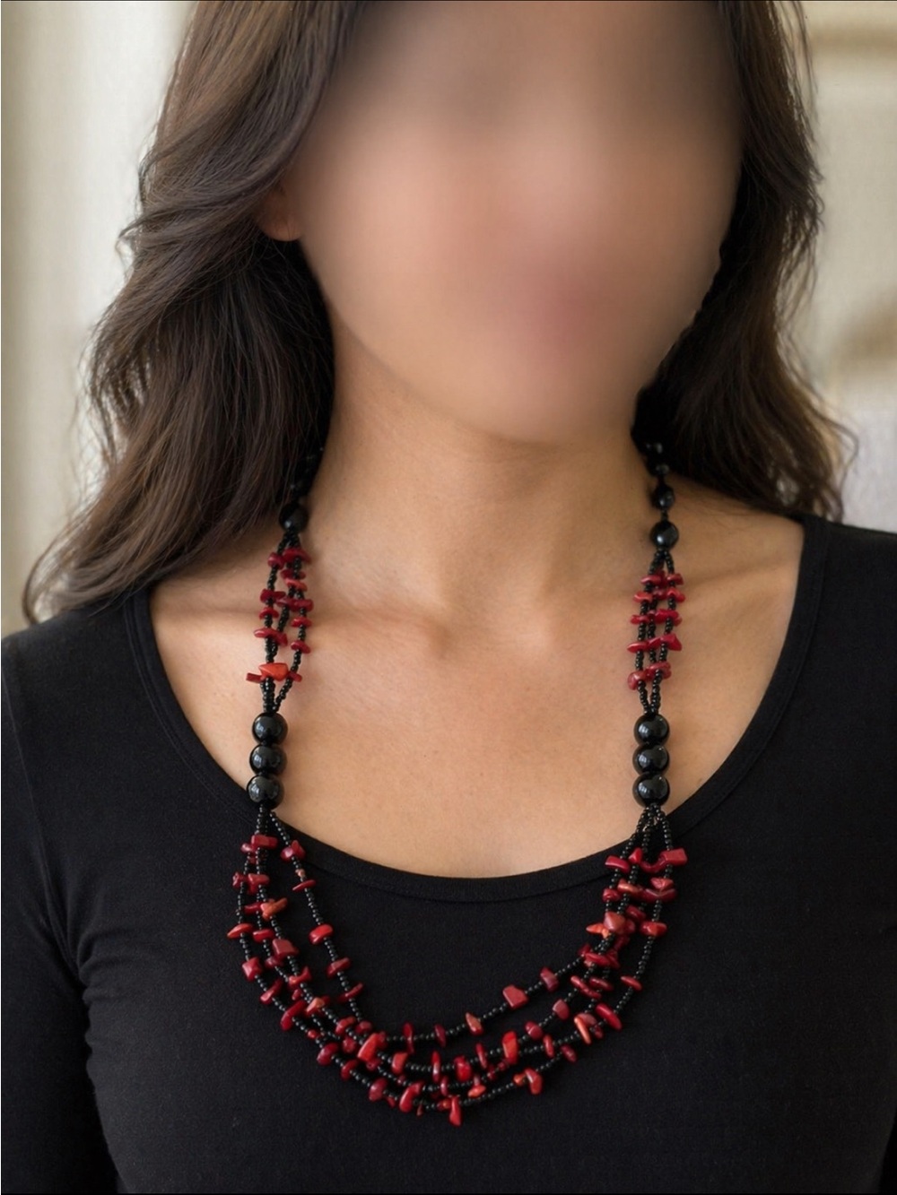 Red Coral Chip Multi Strand Necklace Black Beaded Statement 24” Boho